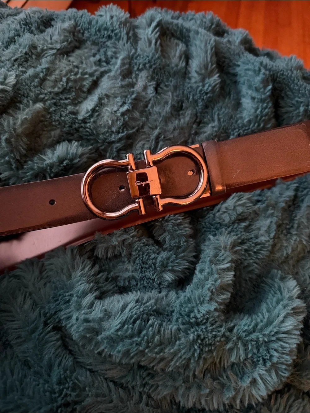 Salvatore Ferragamo Black Leather Belt with Silver Double Gancio Buckle